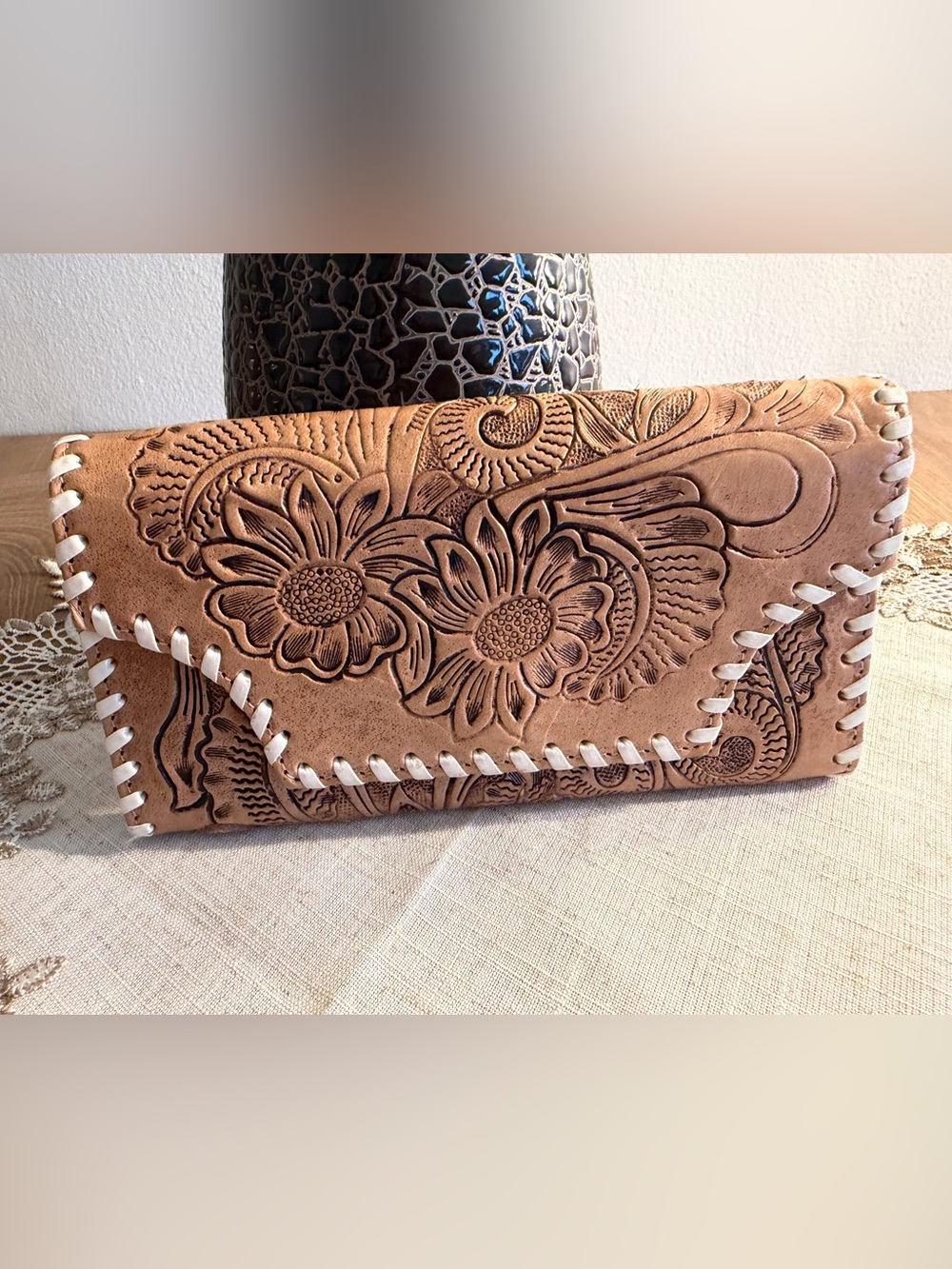 Laced and Tooled Beige Leather Wallet 4.5”x 8” NEW